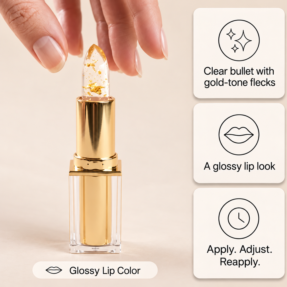 Clear lipstick with gold-tone flecks in a polished case