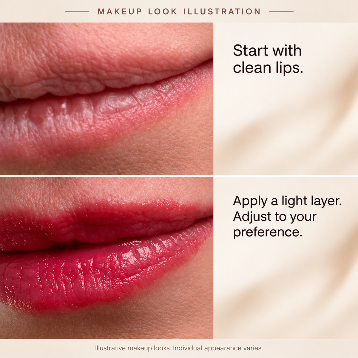 Illustrative bare and tinted lip makeup looks