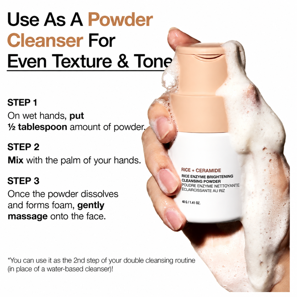 Powder cleanser packaging and preparation instructions
