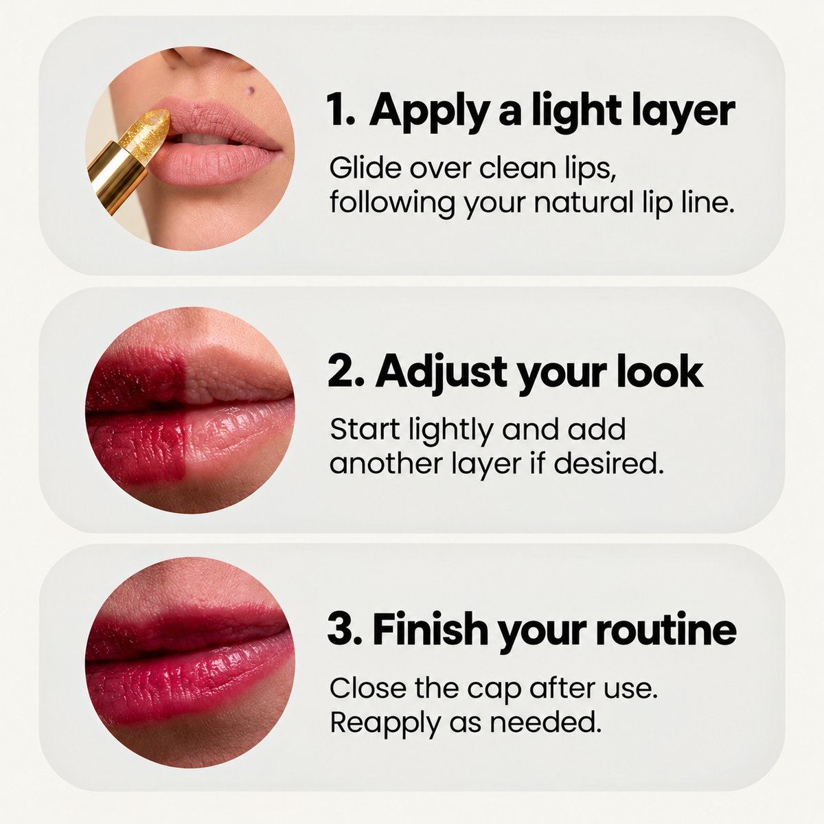 Three steps for applying lip color